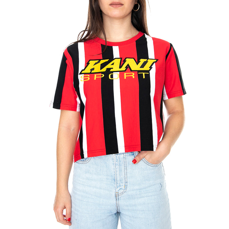 Wm Sporty Striped Crew-Neck T-Shirt - Red / Multi - Maglietta Girocollo Donna Multicolore KRCKKWQ22041RED . KARL KANI 