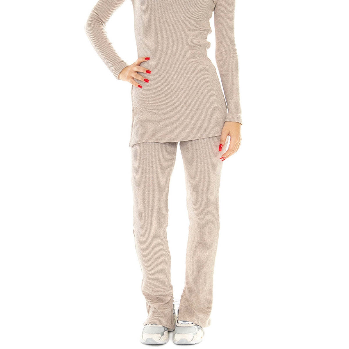 Taupe Kara Knitted Pants - Pantaloni Donna Beige WKN00157 . THINKING MU 