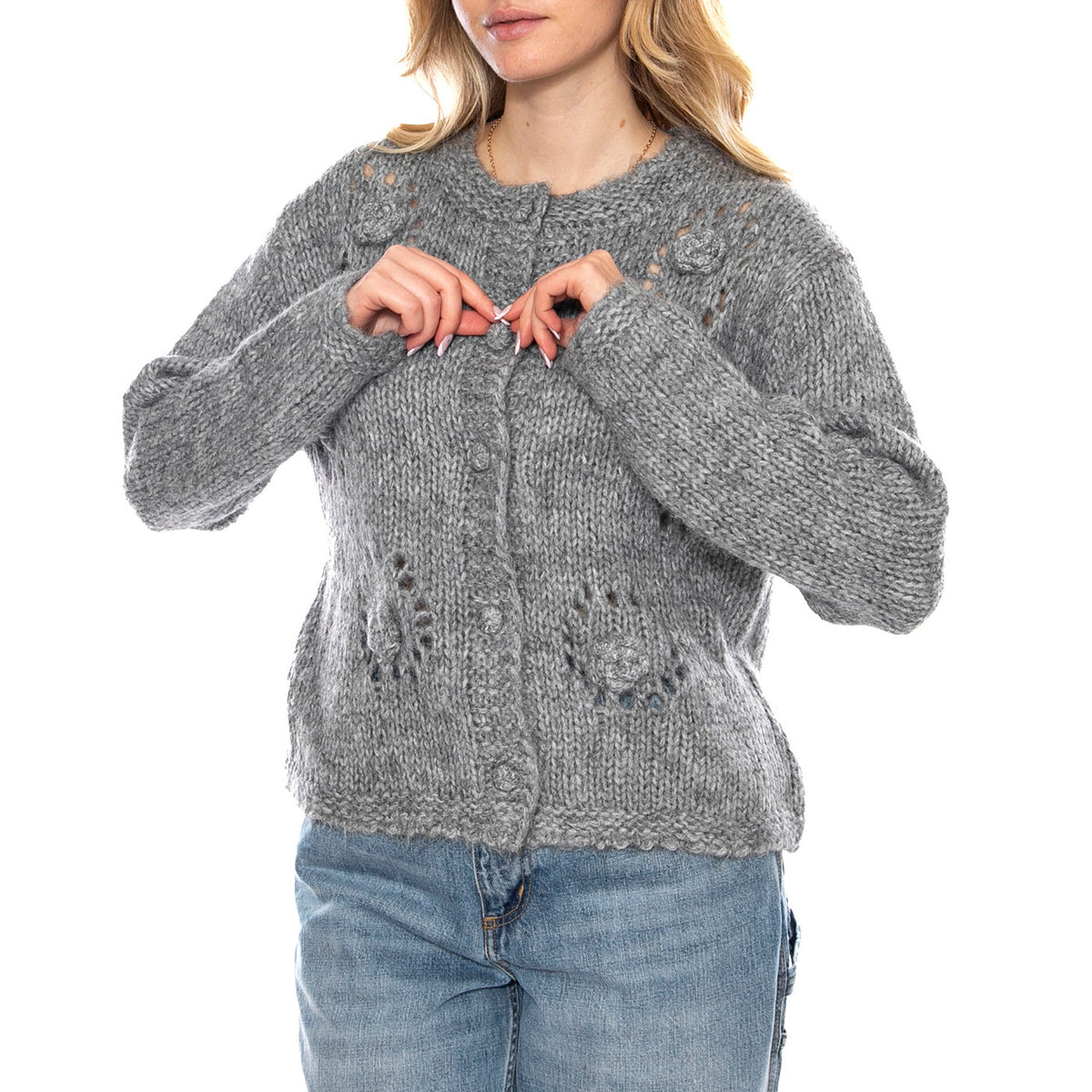 Knit Cardigan Donna Gray Crochet -- Cardigan Donna Grigio 53W/10710 Gray Crochet WILD PONY 