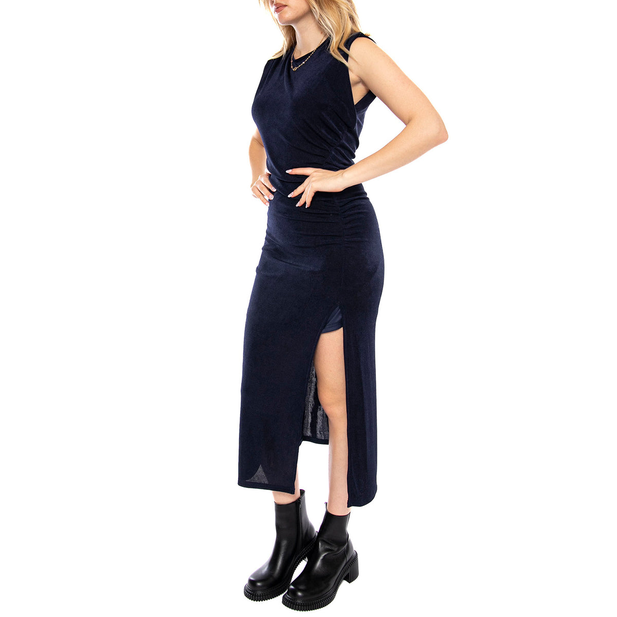 Vestido Midi Fruncido -- Abito Donna Navy Blue Lungo 53W/11236 Navy Blue WILD PONY 