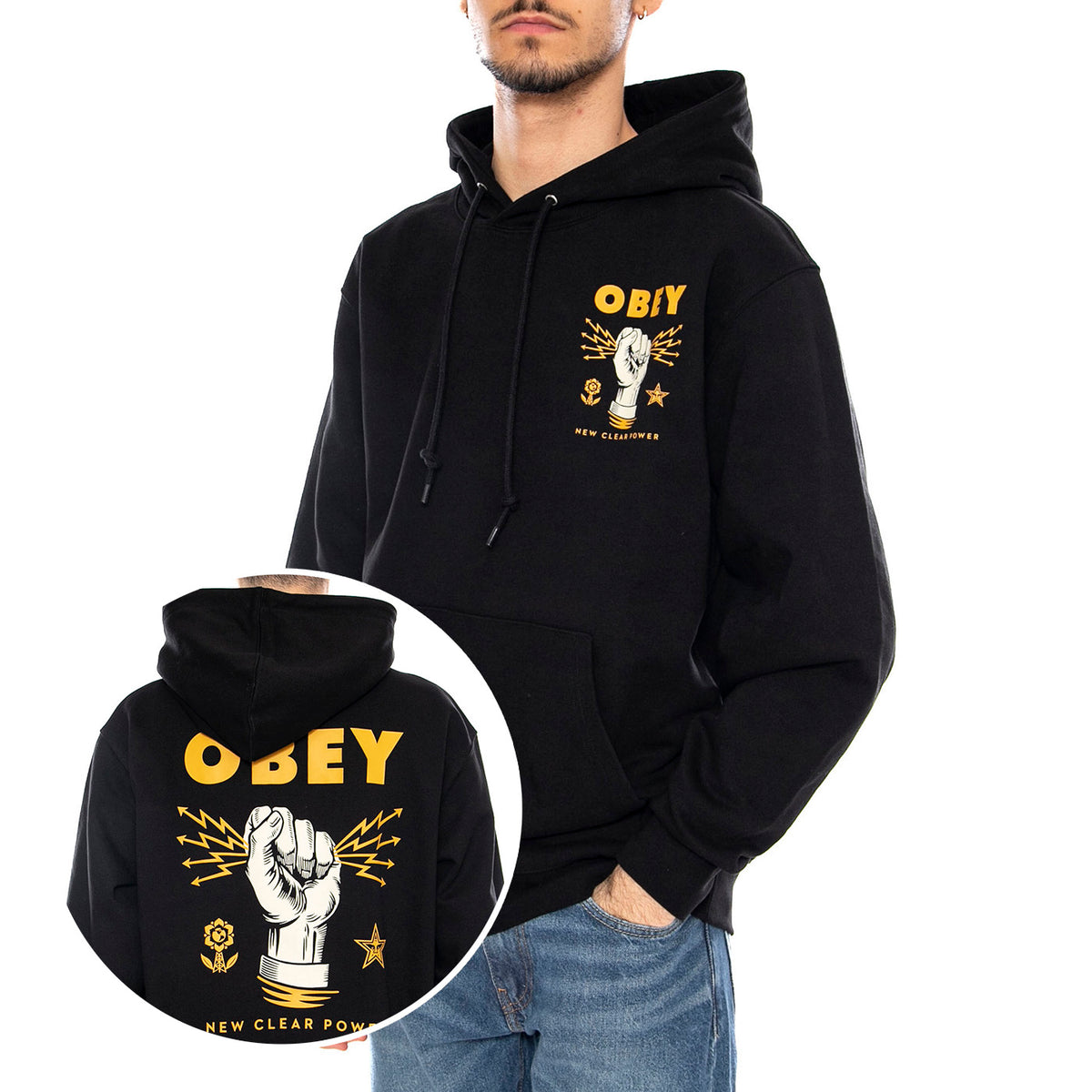 Obey New Clear Power Hood Fleece Black -- Felpa con Cappuccio Uomo Nera 117463779 BLK OBEY 