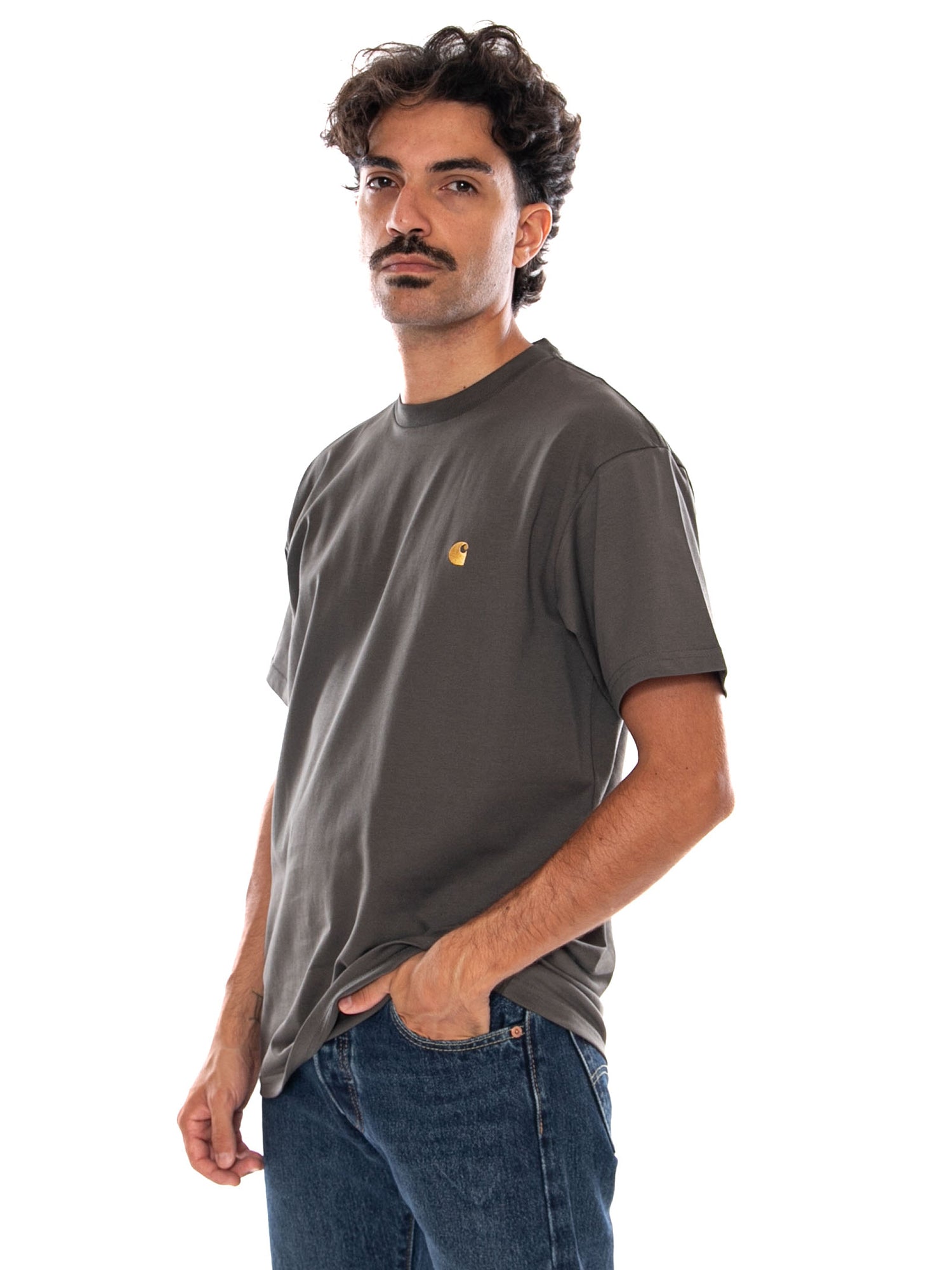 CARHARTT WIP S/S CHASE T-SHIRT SHUNGITE / GOLD - Maglietta Girocollo Uomo Verde I026391 3X9XX CARHARTT WIP 