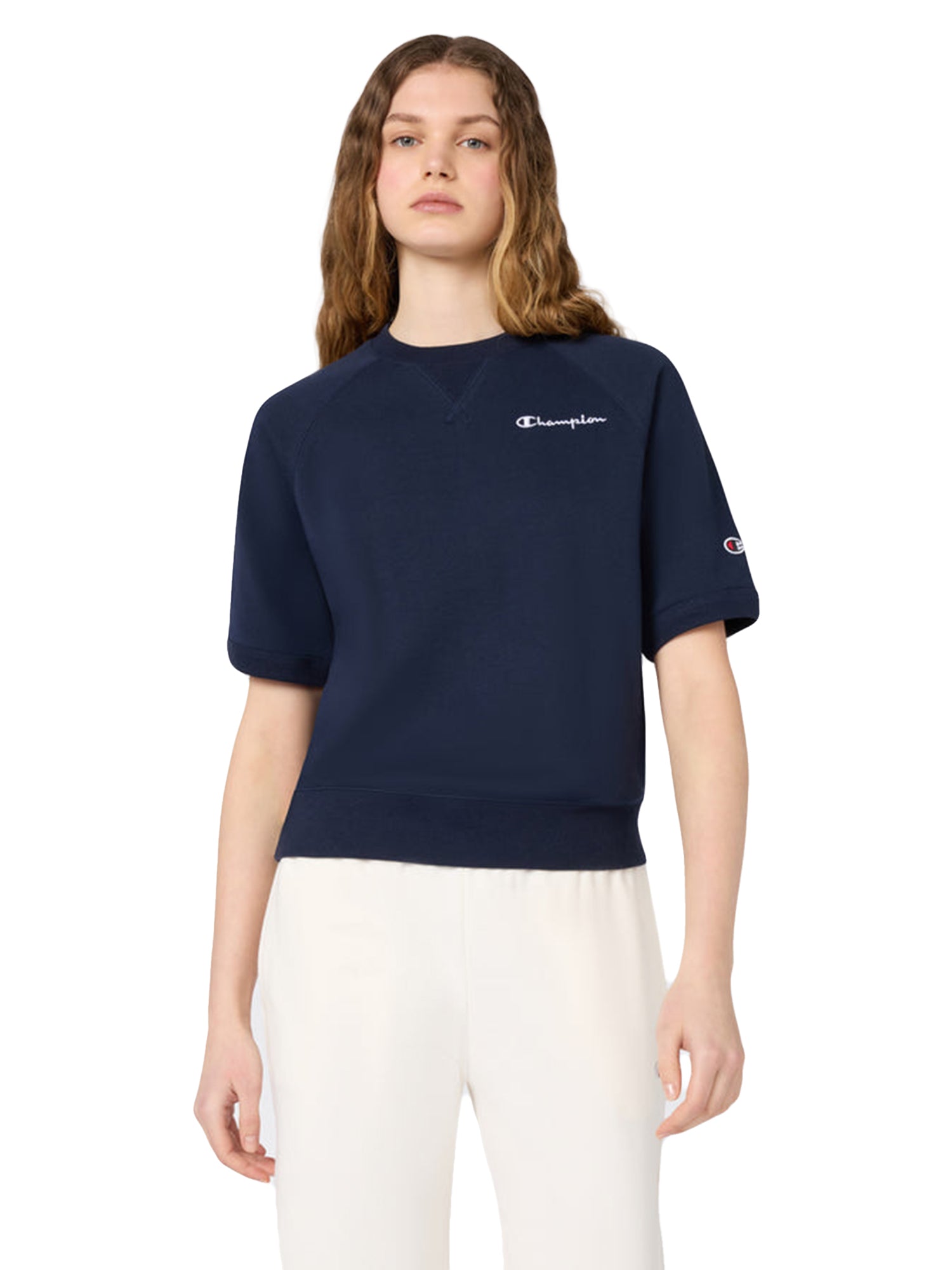 CREWNECK SWEATSHIRT NAVY - Felpa Maniche Corte Donna Blu 118595 BS501 CHAMPION 