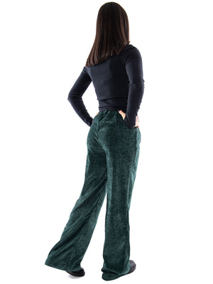 Compania Fantastica Pantalón Aterciopelado Verde Oscuro con Botón Joya Green - Pantaloni Donna Verde Scuro in Velluto 64C/11136 GRN COMPANIA FANTASTICA 