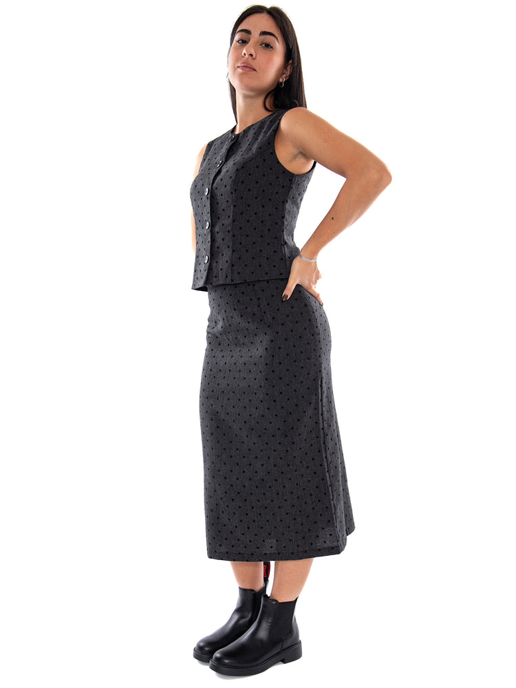 Compania Fantastica Falda Midi Tweed con Punto Negro Black - Gonna Midi Donna Nera in Tweed<BR/><BR/> 64C/11148 BLK COMPANIA FANTASTICA 