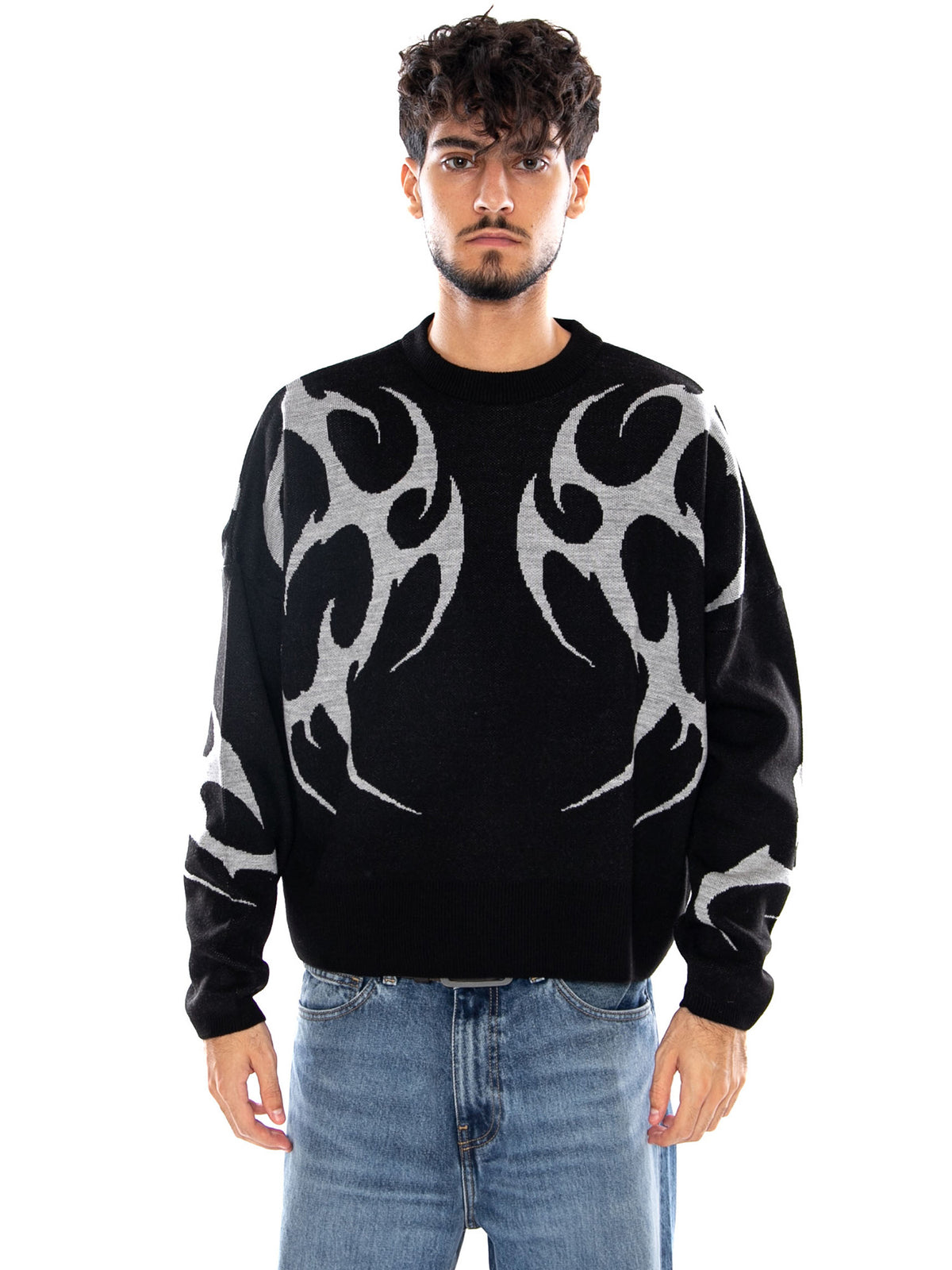 SPIKES BOXY SWEATER BLACK - Maglione Uomo Nero SV1259 KJ DOLLY NOIRE 