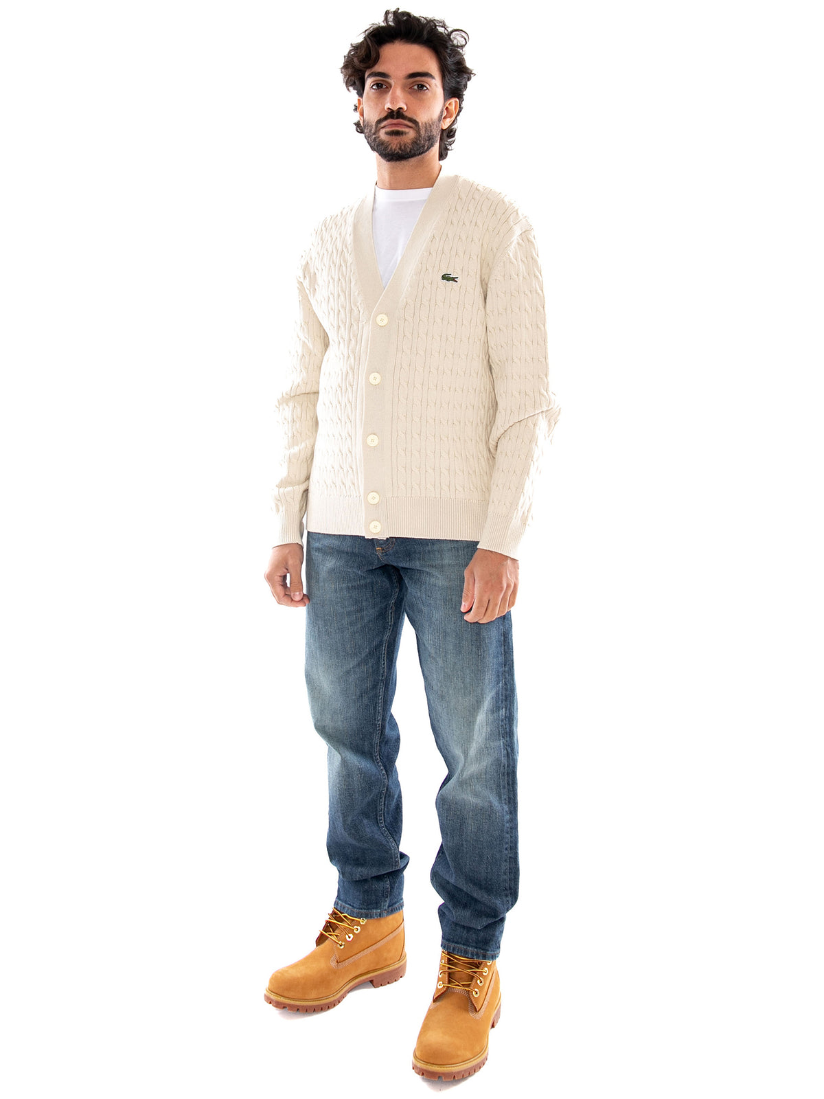Lacoste Cabled Cardigan Beige - Cardigan Uomo in Maglia Intrecciata Beige AH8575 UN5 LACOSTE 