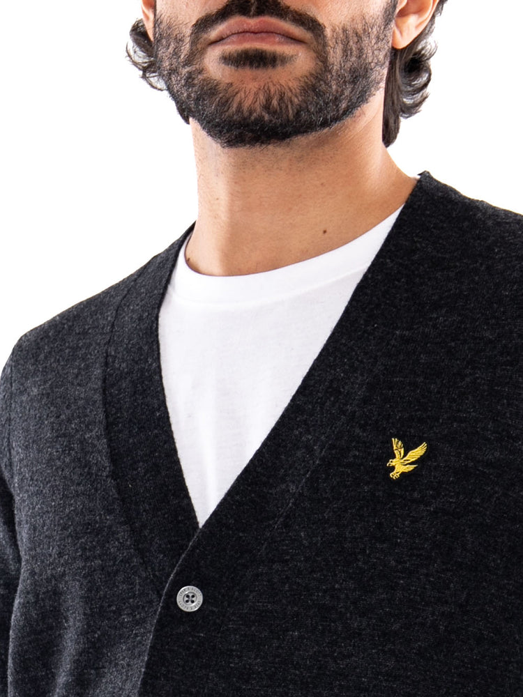 Lyle & Scott Lambswool Blend V Neck Cardigan Jet Black Marl - Cardigan Uomo con Scollo a V Nero Mélange<BR/><BR/> KN2546V W155 LYLE & SCOTT 