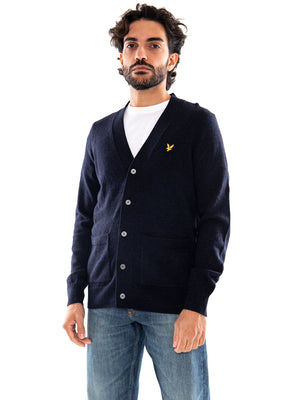 Lyle & Scott Lambswool Blend V Neck Cardigan Dark Navy Marl - Cardigan Uomo con Scollo a V Blu Navy Mélange<BR/><BR/> KN2546V Z56 LYLE & SCOTT 