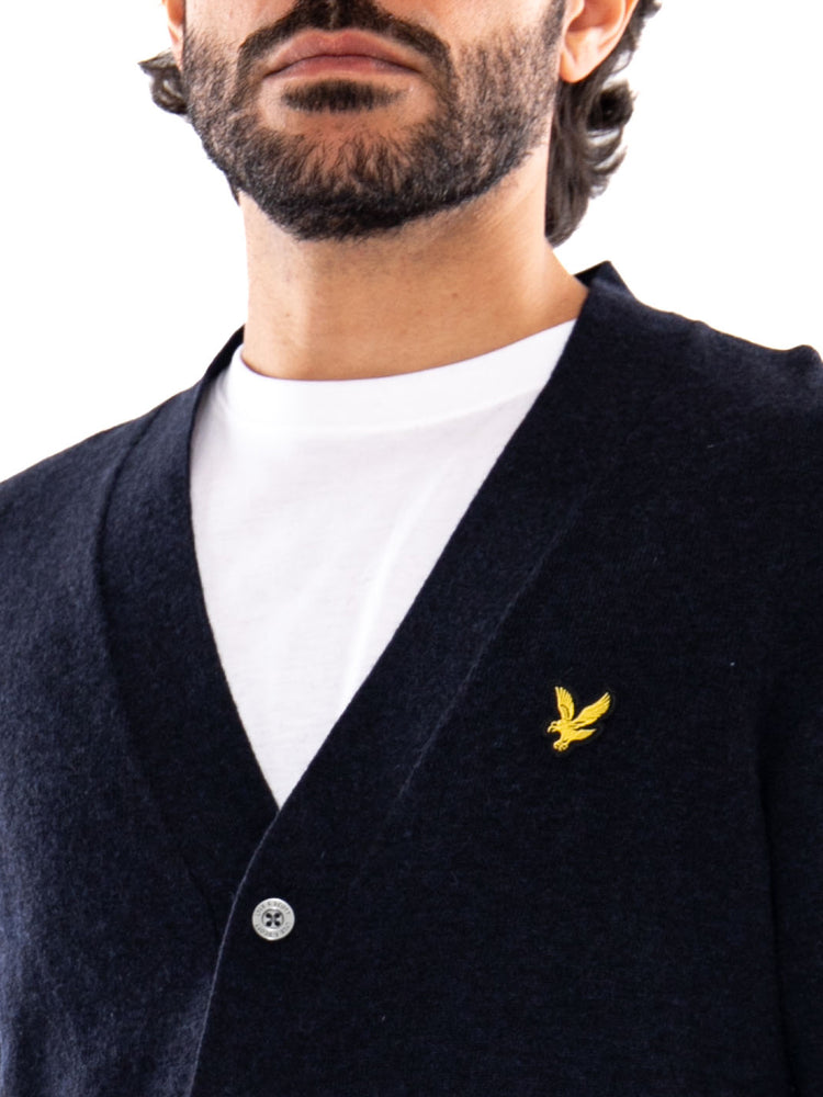 Lyle & Scott Lambswool Blend V Neck Cardigan Dark Navy Marl - Cardigan Uomo con Scollo a V Blu Navy Mélange<BR/><BR/> KN2546V Z56 LYLE & SCOTT 