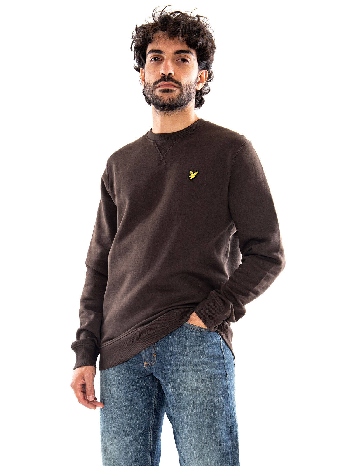 Lyle & Scott Crew Neck Brushback Sweatshirt Ebony - Felpa Uomo Girocollo Marrone Scuro<BR/><BR/> ML1131V Y176 LYLE & SCOTT 