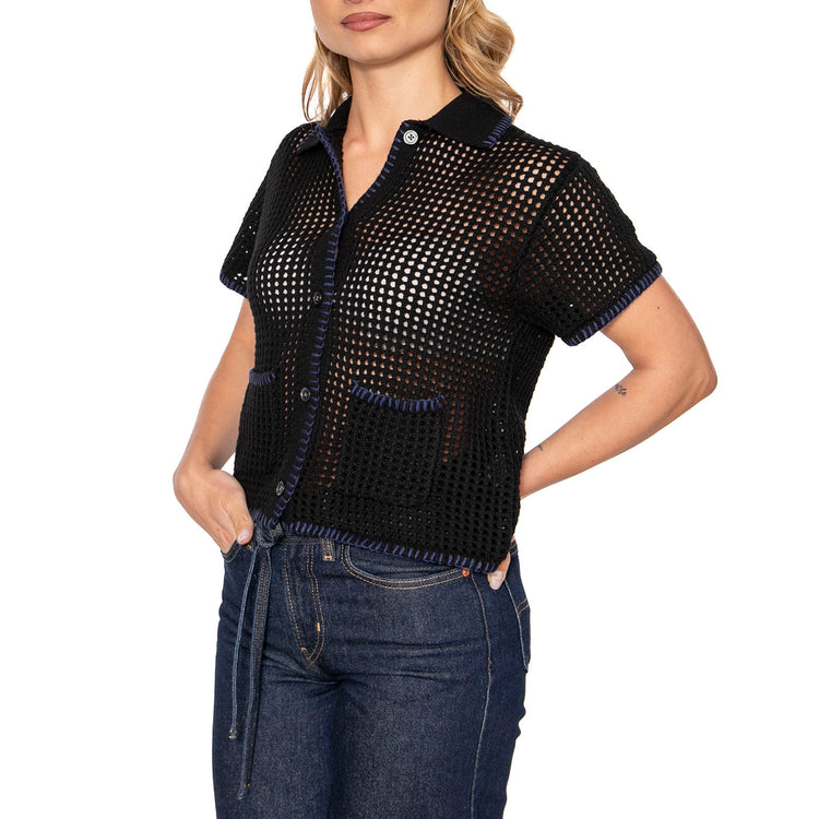 Pilar Crochet SS Cardigan Black - Cardigan in Maglia Donna Nero 251010072-BLK . OBEY 