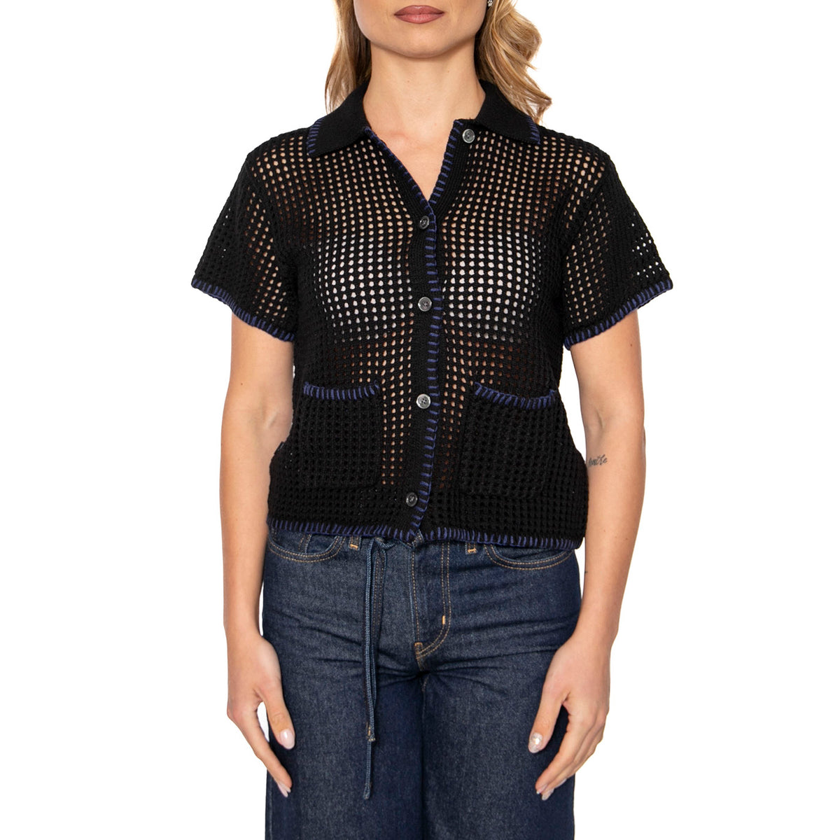 Pilar Crochet SS Cardigan Black - Cardigan in Maglia Donna Nero 251010072-BLK . OBEY 