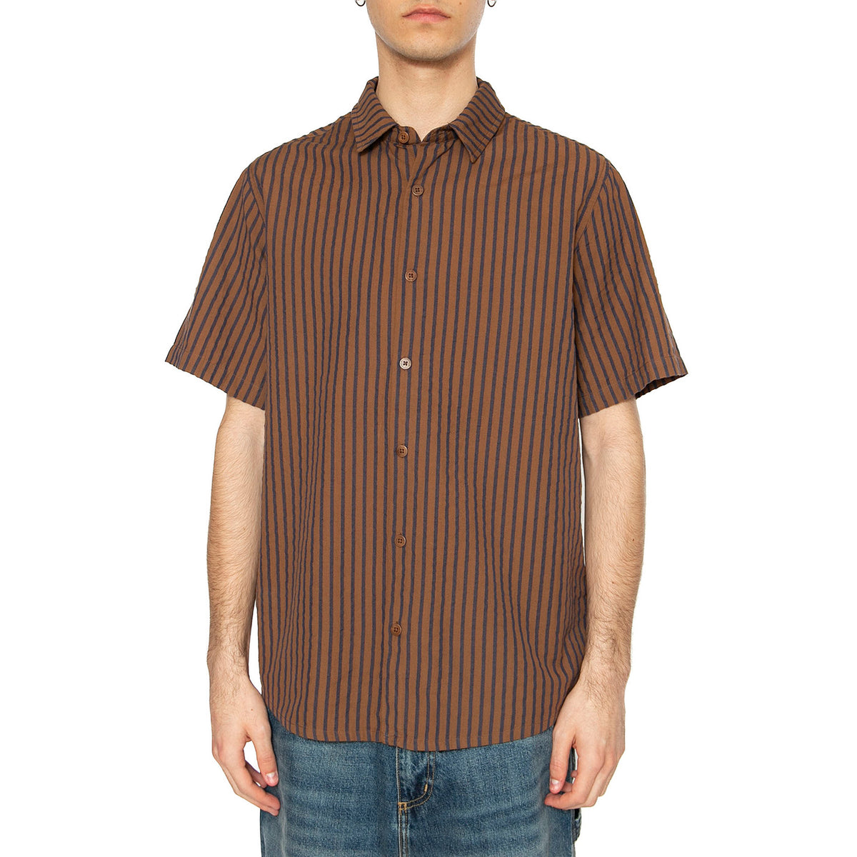 Brown Stripes Tom Shirt Brown - Camicia Maniche Corte Uomo Multicolore MSH00198-BROWN . THINKING MU 