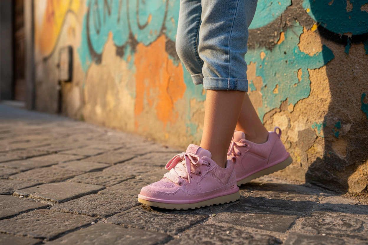 Close-up scarpe UGG contro muro colorato napoletano