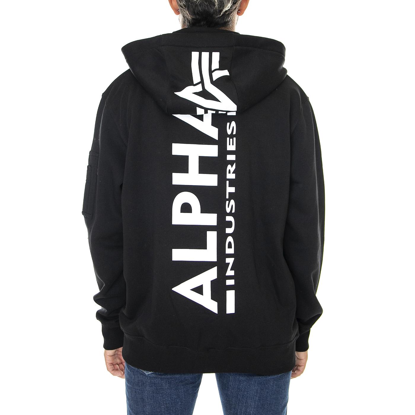 Back Print Zip Hoody Black - Felpa con Cappuccio e Zip Uomo Nera 128342-03  ALPHA INDUSTRIES 