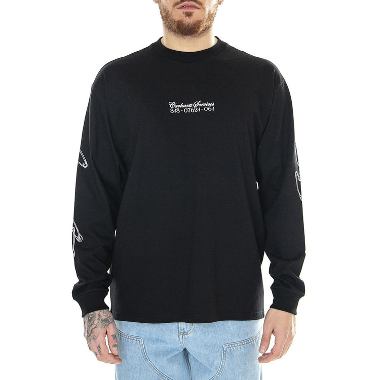 L/S Safety Pin T-Shirt Black / White - Maglietta Girocollo Maniche Lunghe Uomo Nera I032892.0D2XX  CARHARTT WIP 