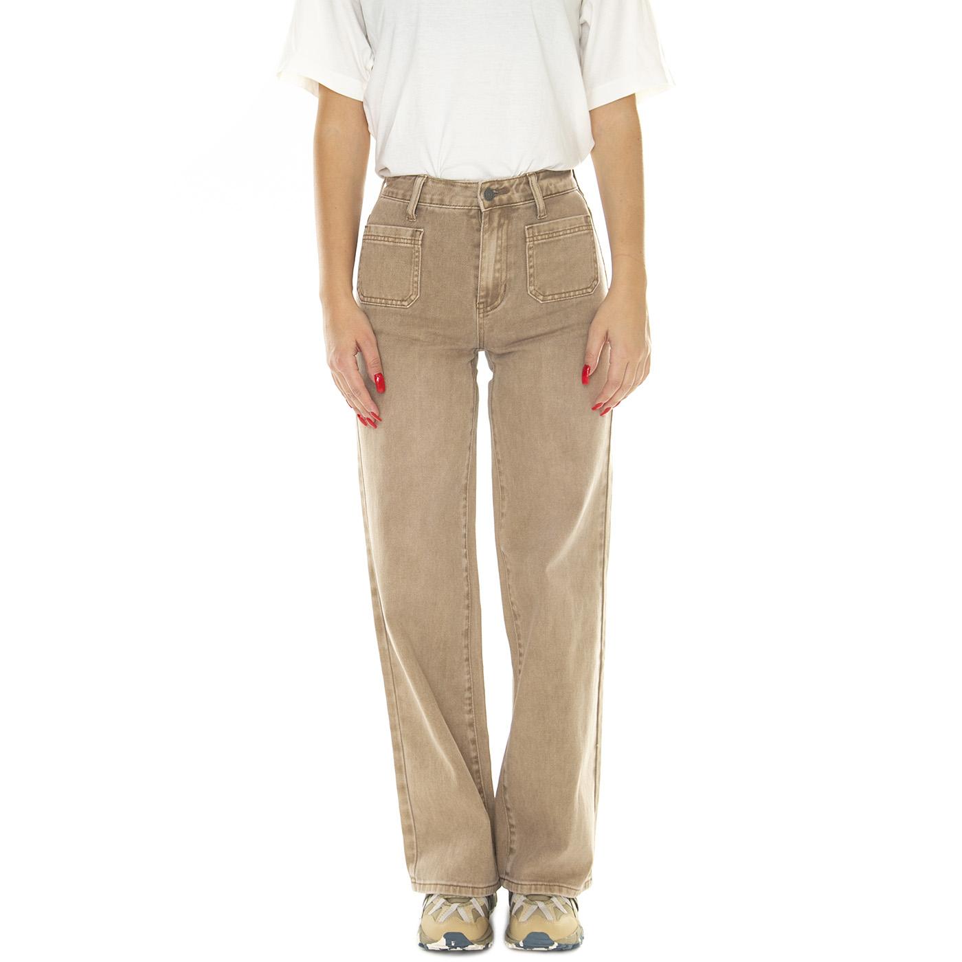 Go Patch Pkt Wide Leg Pant Washed Brown Canvas - Pantaloni Denim Jeans Donna Marroni W3BG02D4SB0-F1GM  GUESS ORIGINALS 