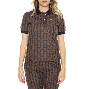 Polo Maglietta M/C 9I4 Lacoste -- Polo Donna Marrone con Logo All Over DF3364-9I4 . LACOSTE 