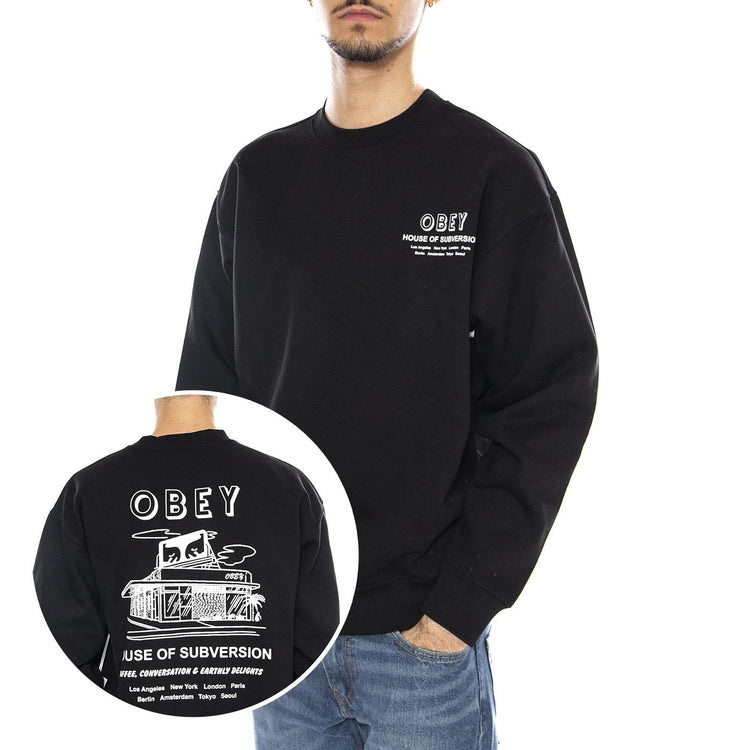 OBEY House of Subversion Fleece -- Felpa Girocollo Uomo Nera 112864195 BLK OBEY 