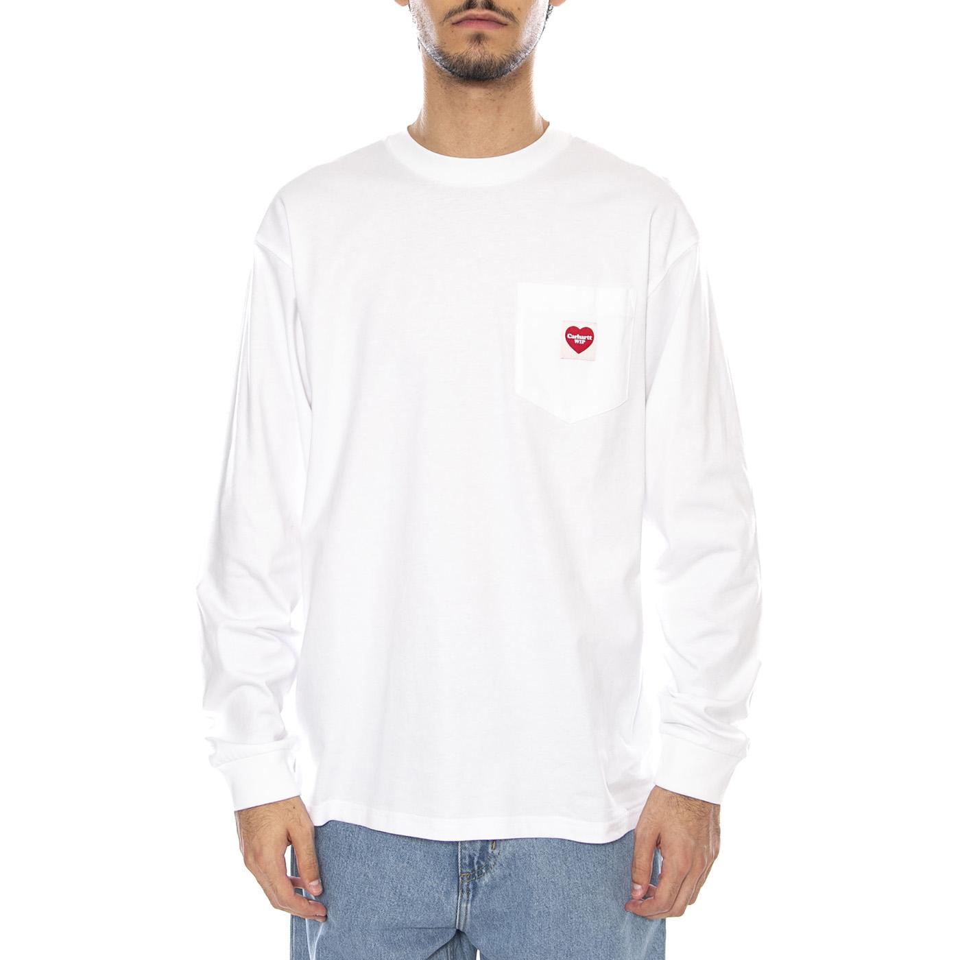 L/S Pocket Heart T-Shirt White / Red - Maglietta Girocollo Maniche Lunghe Uomo Bianca I035300.1WZXX  CARHARTT WIP 