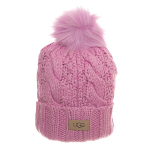 W Knit Cable Hat W F Fur Pom Rose Quartz - Cappellino Rosa UGA20060-RSQ  UGG 
