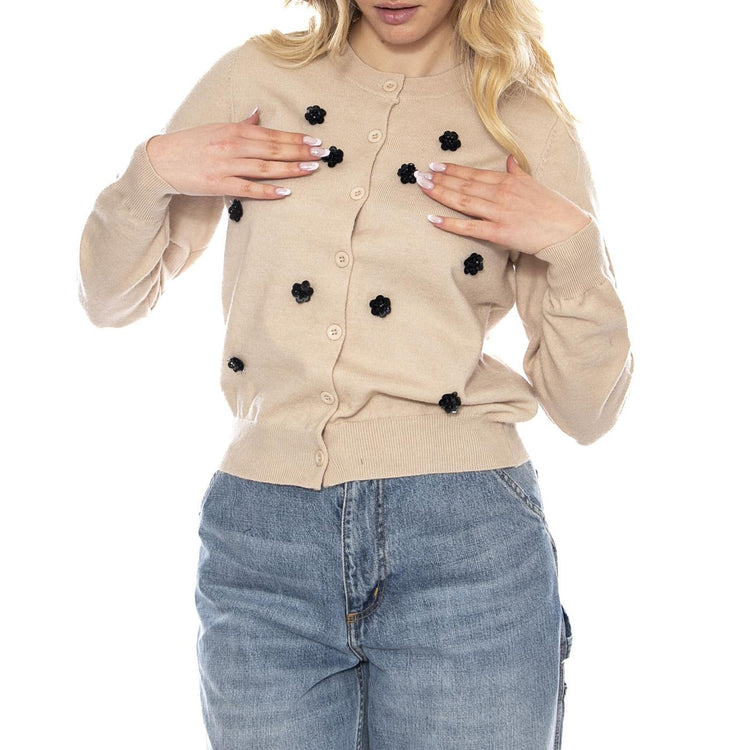 Knit Cardigan with Sequin Flowers -- Cardigan Donna Beige 53W/10706 White WILD PONY 
