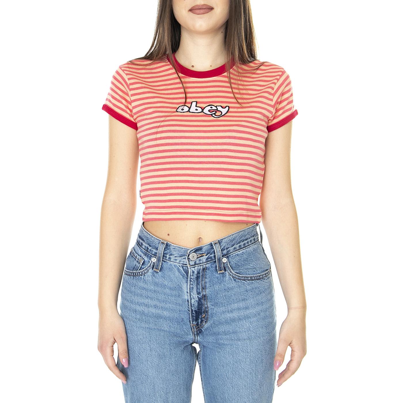 W' Zoe Baby Ringer Tee Pink Punch Multi - Maglietta Girocollo Donna Multicolore 231080147-PIN  OBEY 