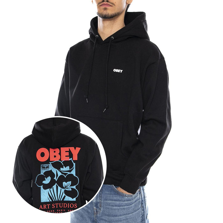 OBEY Art Studio Flowers Fleece - Felpa con Cappuccio Uomo Nera 112844234 BLK OBEY 