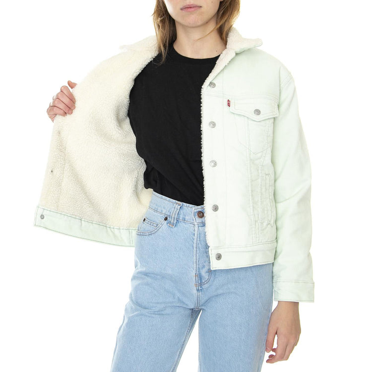 Ex-Bf Sherpa Trucker Meadow Mist - Giacca Invernale Denim Jeans Donna Verde 36137-0059  LEVIS 
