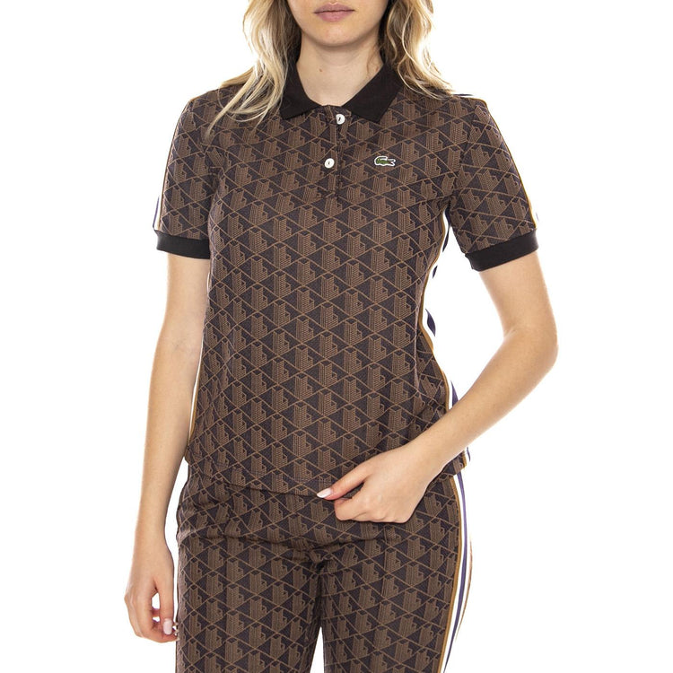 Polo Maglietta M/C 9I4 Lacoste -- Polo Donna Marrone con Logo All Over DF3364-9I4 . LACOSTE 