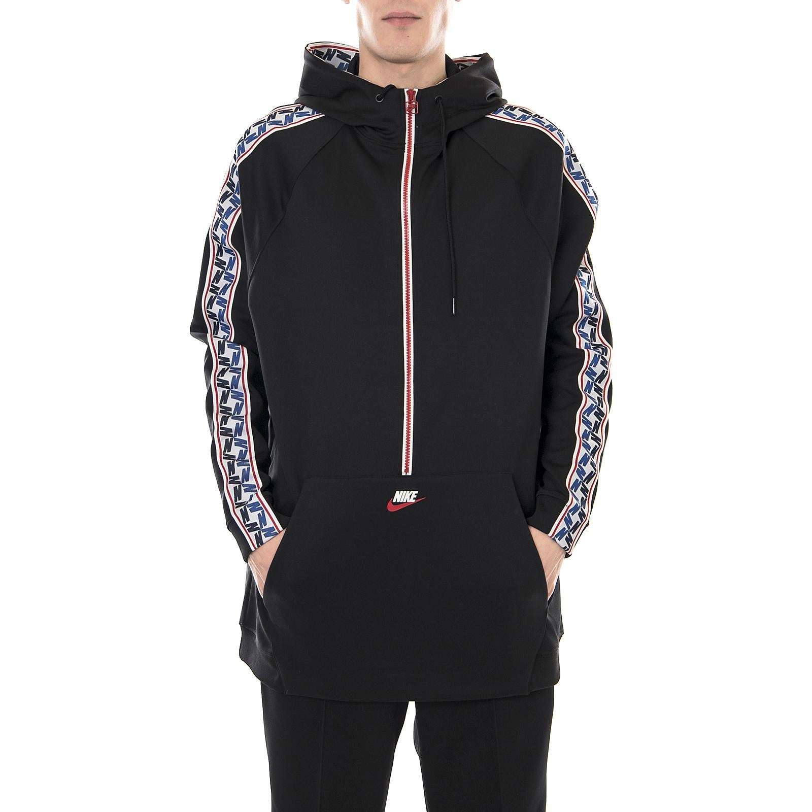 M NSW TAPED HALF ZIP HOOD POLY BLACK/GYM RED/SAIL AJ2296-010  NIKE 