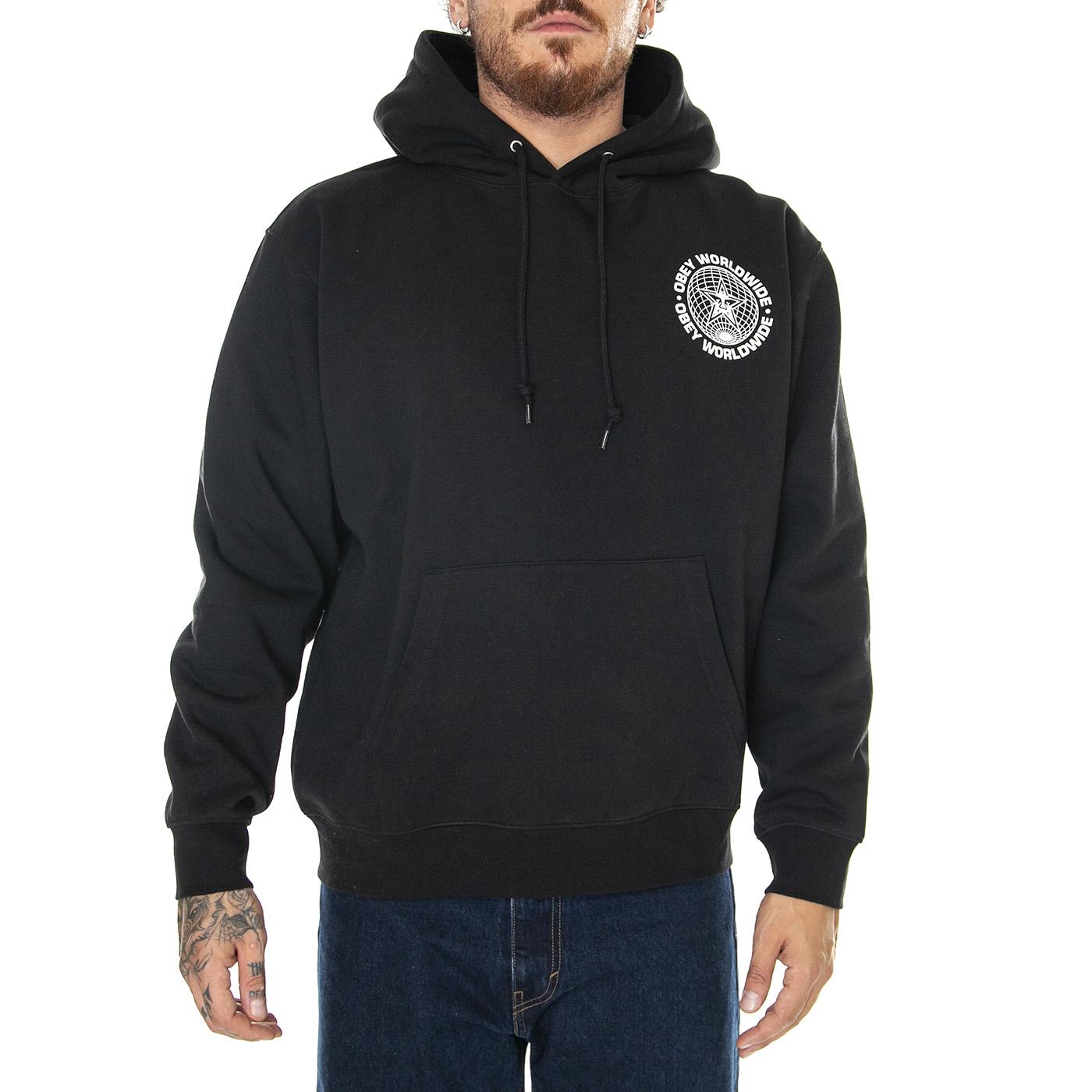 M' Obey Worldwide Globe Premium Hooded Fleece Black - Felpa con Cappuccio Uomo Nera 112843543E-BLK  OBEY 