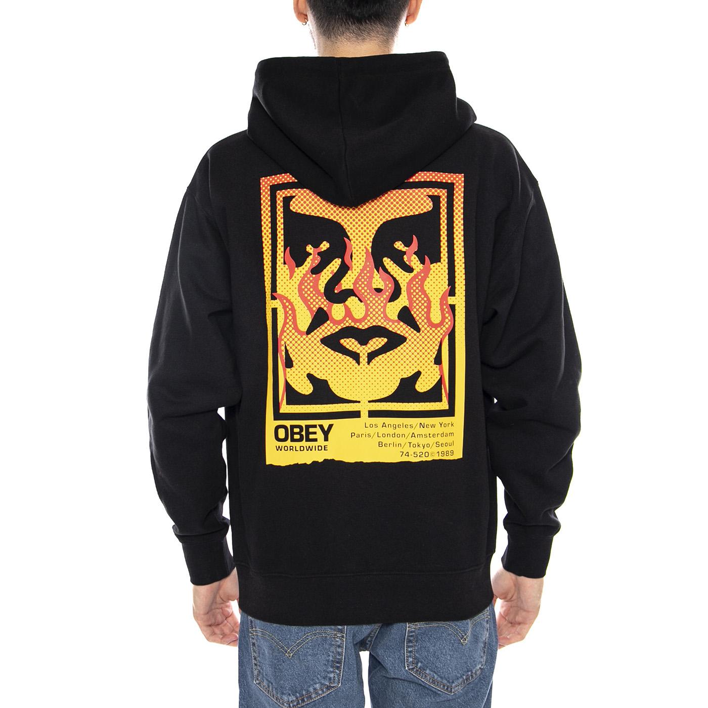 Obey Icon Stencil Flame Fleece -- Felpa con Cappuccio Uomo Nera 117464048 BLK OBEY 