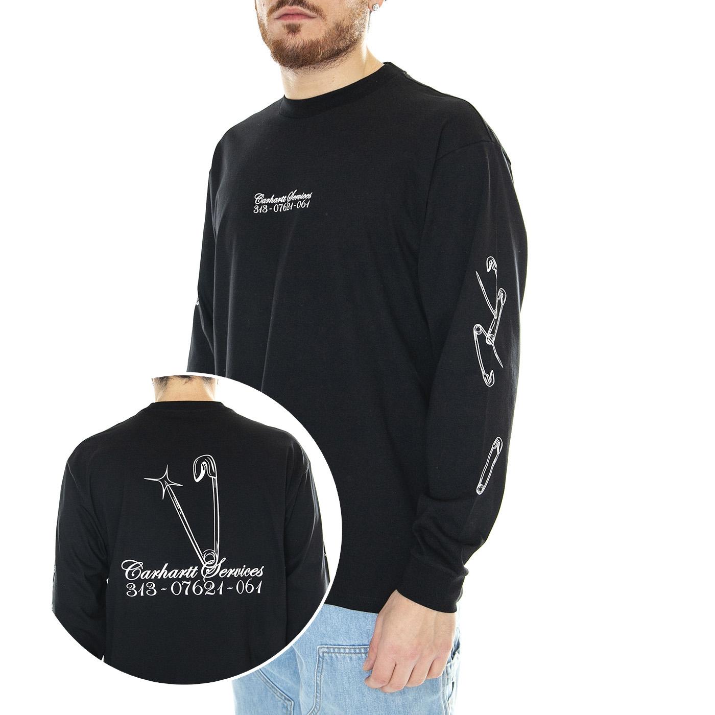 L/S Safety Pin T-Shirt Black / White - Maglietta Girocollo Maniche Lunghe Uomo Nera I032892.0D2XX  CARHARTT WIP 