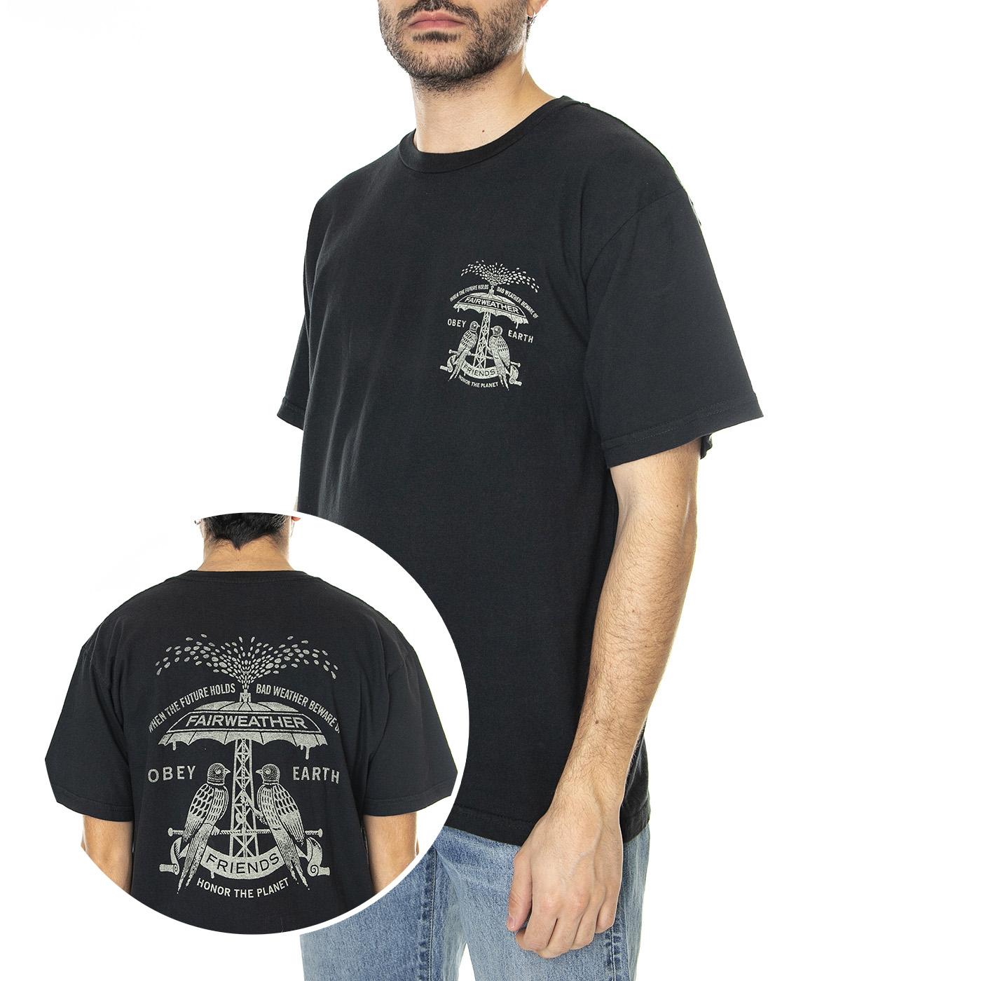 M' Obey  Fariweather Freinds Organic Tee Fadedv Black - Maglietta Girocollo Uomo Nera 163003433-FBL  OBEY 