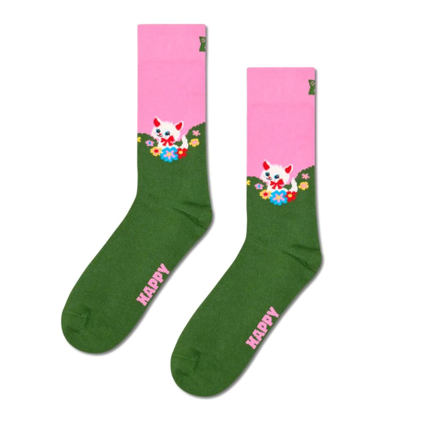 Kitten and Flowers Sock -- Calzini Multicolore P003188 GREEN HAPPY SOCKS 