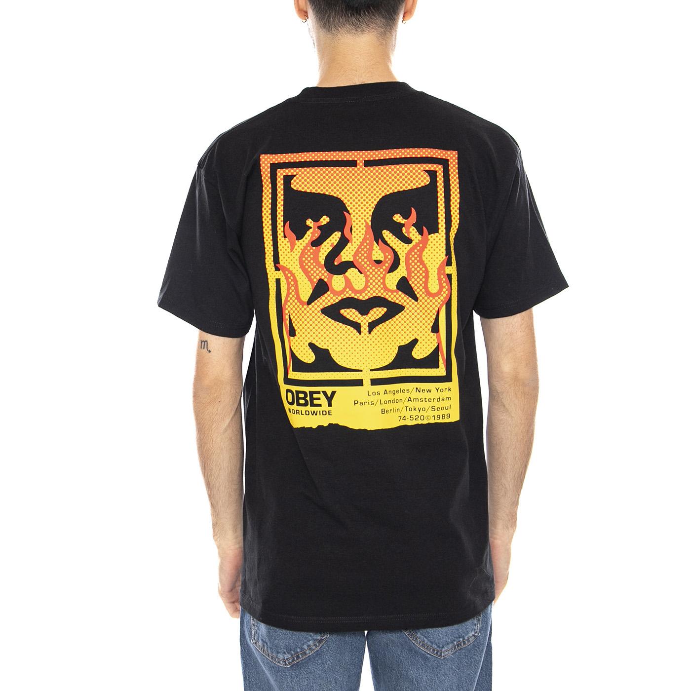 Obey Icon Stencil Flame Tee -- Maglietta Girocollo Uomo Nera 165264048 BLK OBEY 